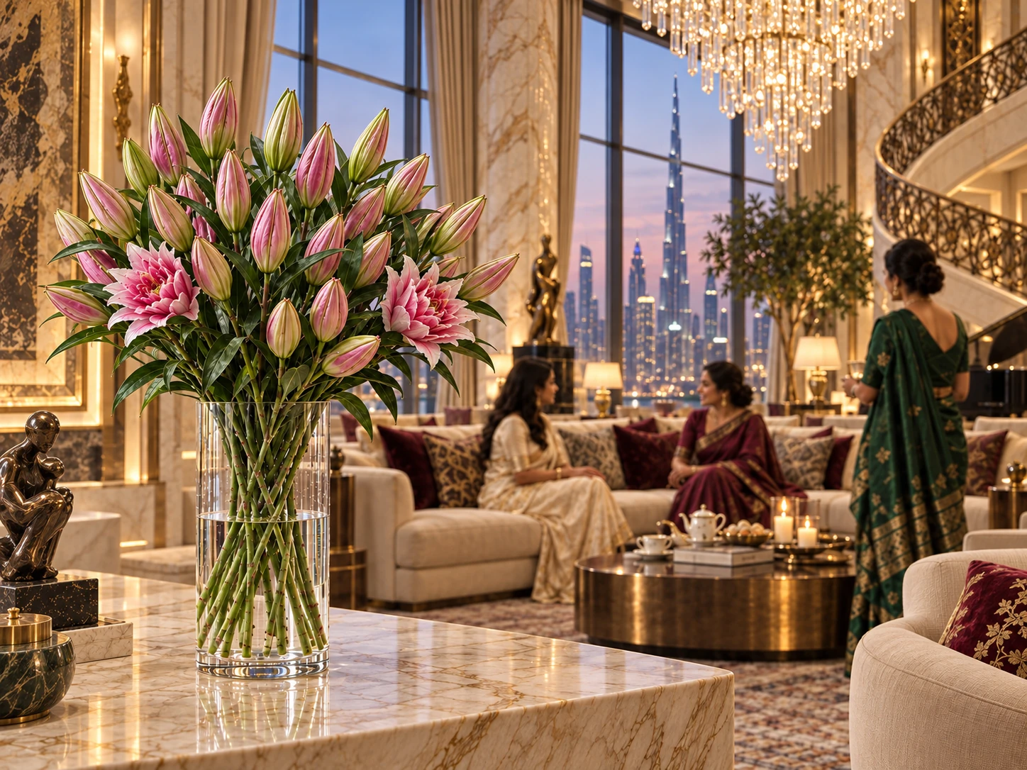 Roselilies in the foreground of a warm evening with friends in an opulent Dubai home